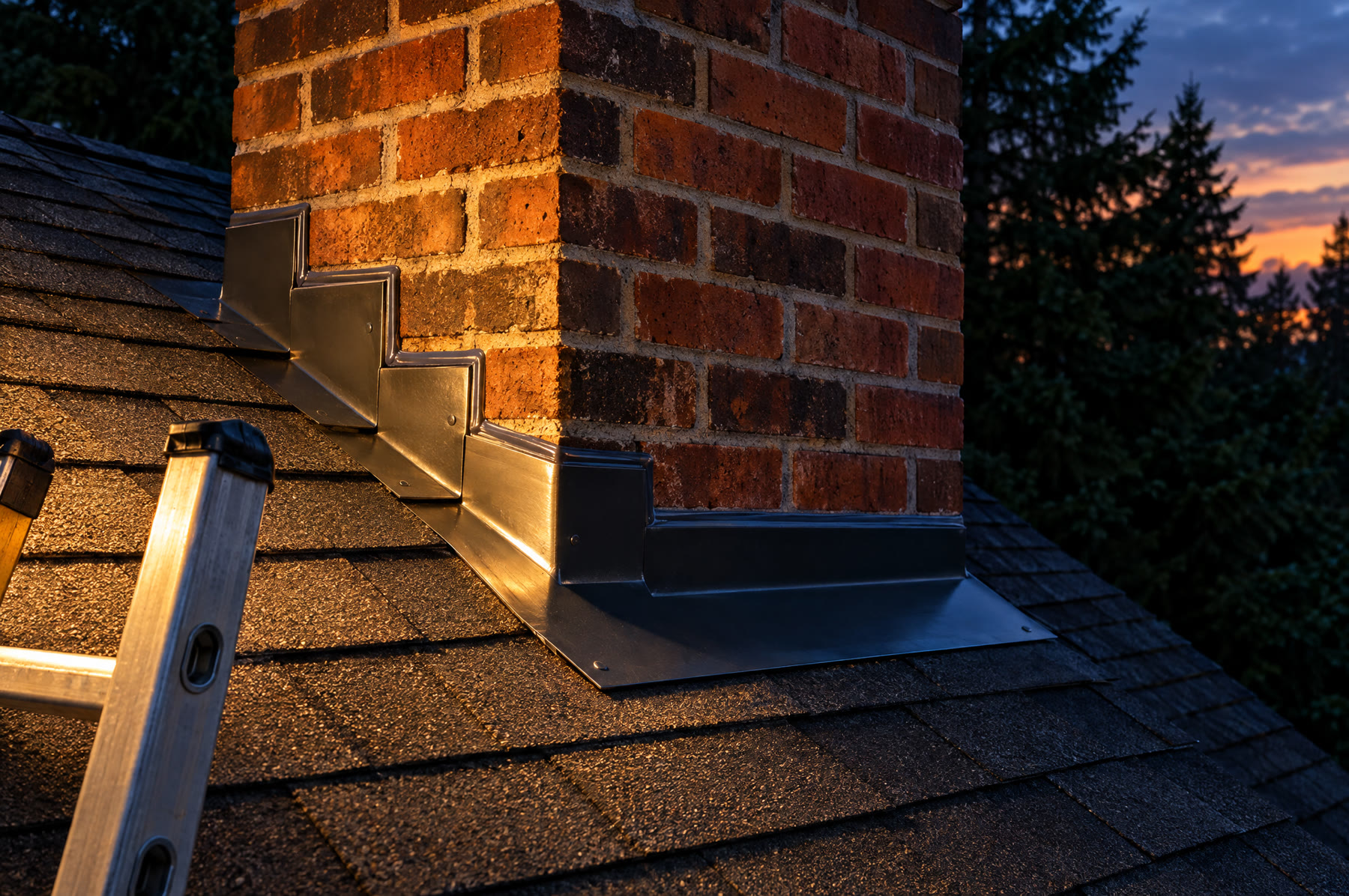 Chimney step flashing detail where it meets the shingle roof, photographed at dusk.