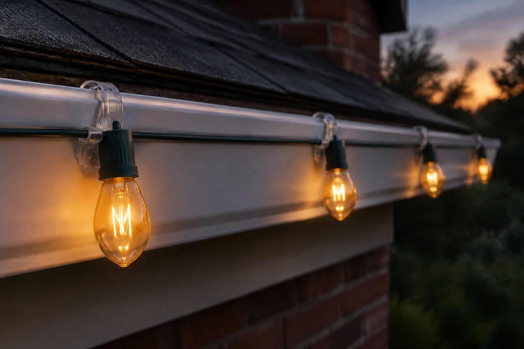 Warm amber bulbs held by clear clips hooked over the lip of a white gutter, wire run taut between sockets.