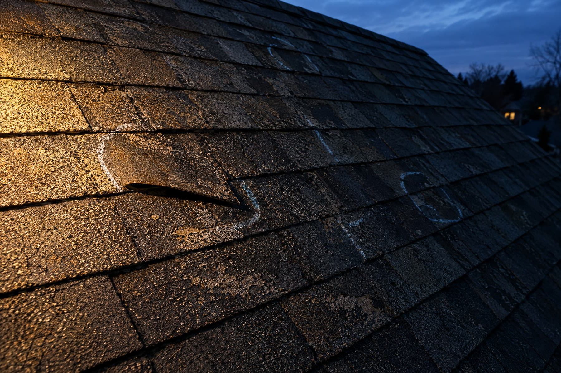Shingle field on a steep roof under a work light, with a lifted corner and bare spots.