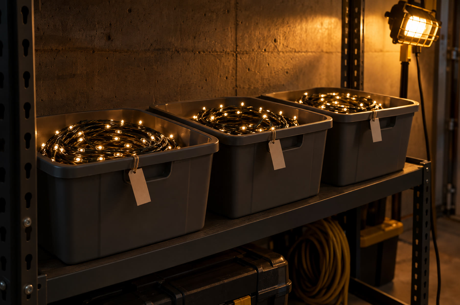 Coiled light strands stored in labeled bins on a rack.